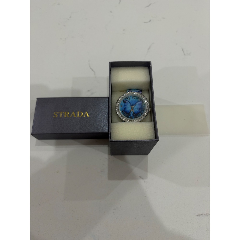 Strada Womens Blue Butterfly Dial Rhinestone Bezel Analog Watch with Box